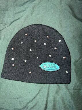 Von Dutch Black Beanie with Teal Logo and Studs